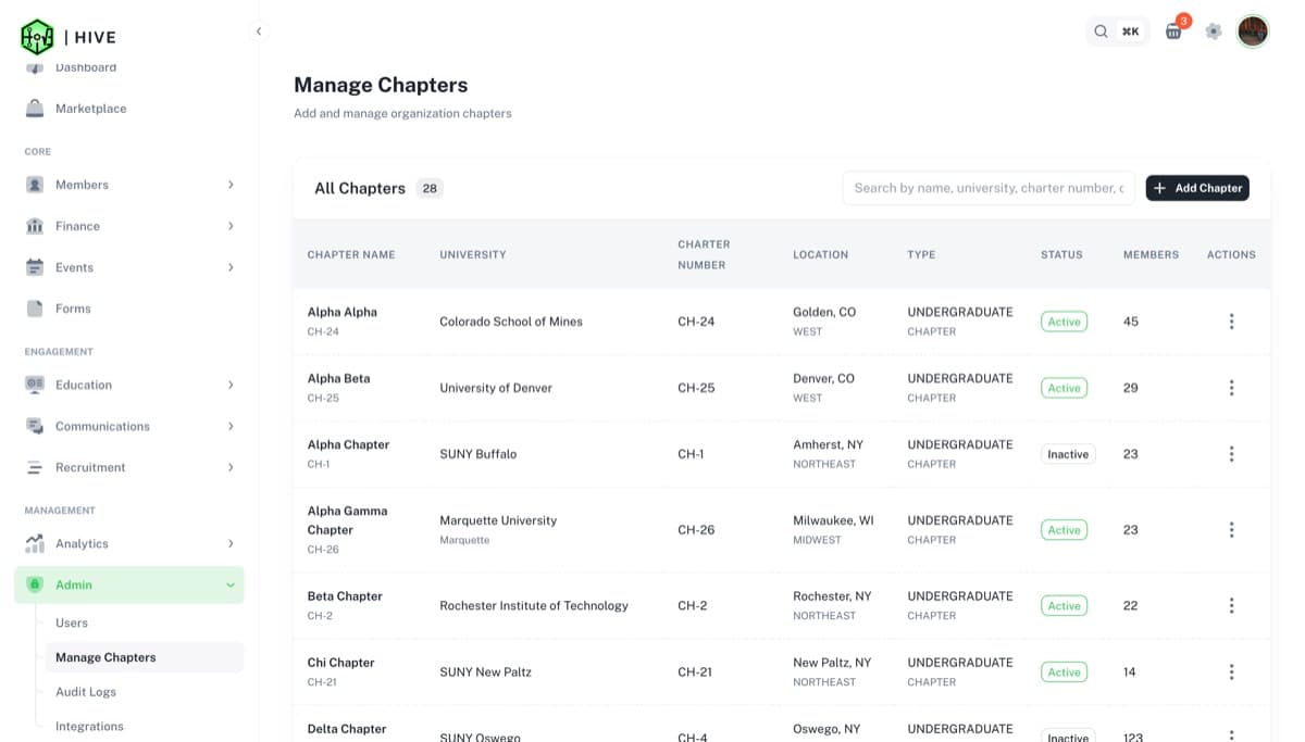 GMA chapter management interface