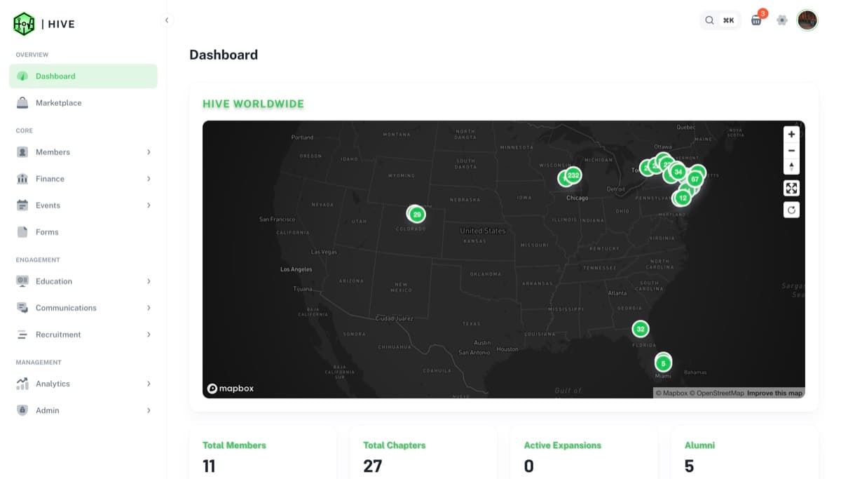 GMA dashboard showing the member management overview with chapter roster and activity feed